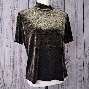 LAURA ASHLEY M Velvet Dark Green Paisley Top Mock Neck Short Sleeve Moody Forest